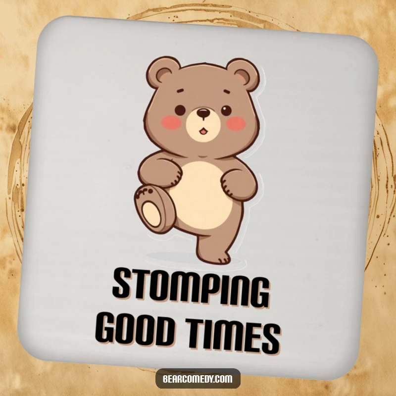 Funny bear character playfully stomping its foot on a drink coaster, protecting surfaces with humor.