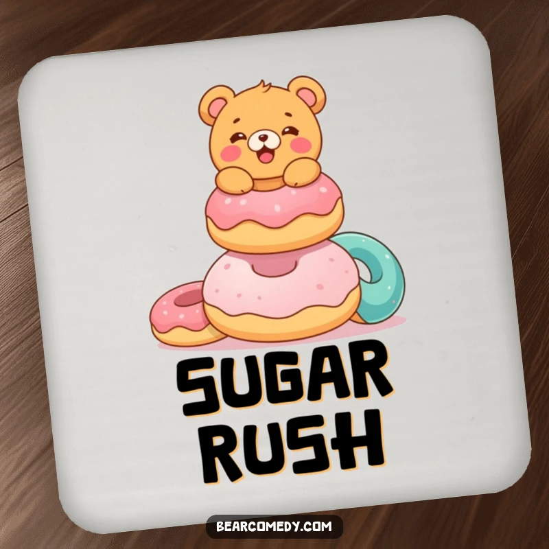 Funny drink coaster with a delighted bear characterebalancing colorful, giant donuts, adding a touch of sweetness and humor to tabletops.