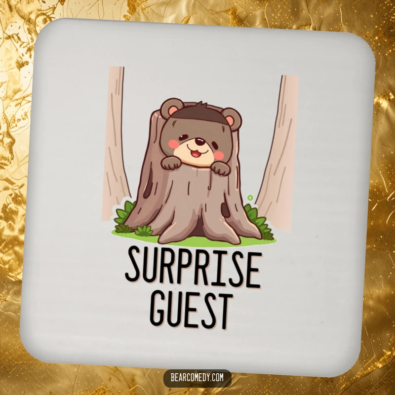 Funny bear drink coaster featuring a bear peeking from a tree stump with a mischievous, funny grin, protecting surfaces.