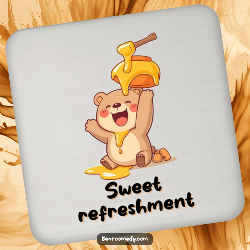 Funny drink coaster showing a happy bear character reaching for a giant, dripping honey pot, adding humor to your table.