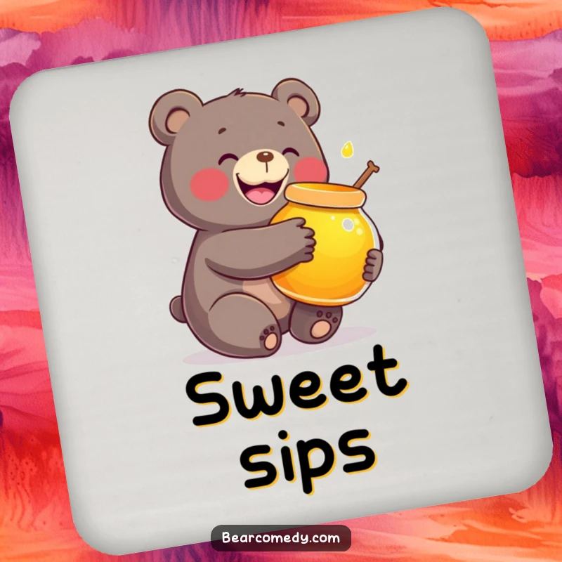 Funny drink coaster showcasing a happy bear character giving a big hug to a glowing honey pot, adding joy.