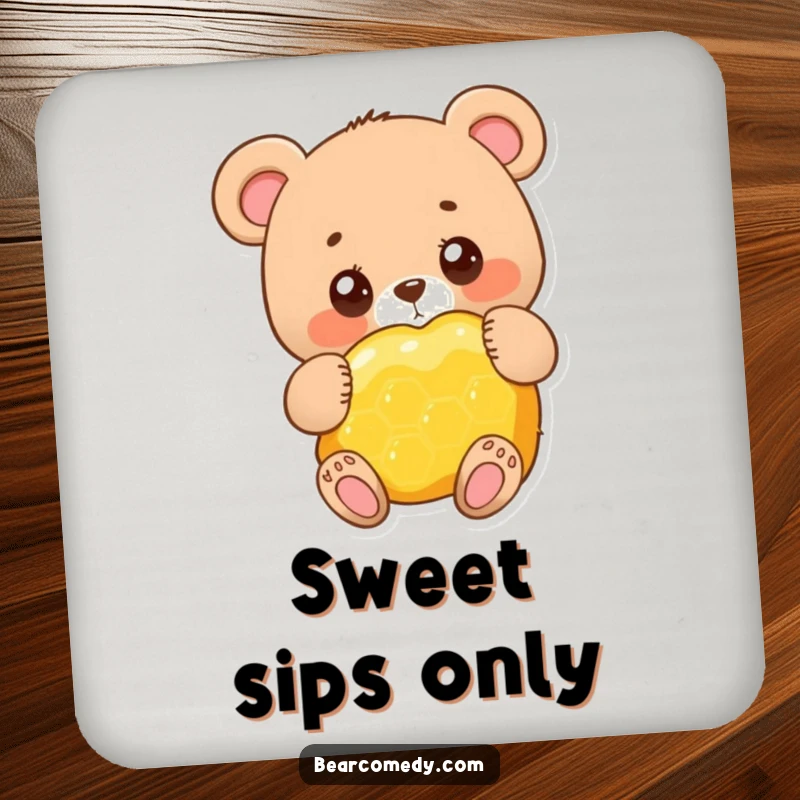 Funny adorable bear character with big round eyes, happily hugging a giant honeycomb, a set of coasters for drinks.