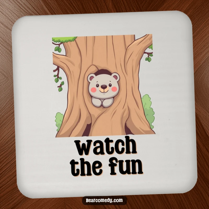 Funny drink coasters featuring a bear peeking from behind a tree with a mischievous expression, protecting surfaces with playful, humorous artwork.