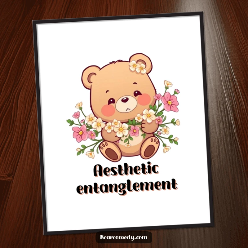 Funny poster art: A happy bear is playfully entangled in a vibrant garland of flowers, creating a charming and humorous image.
