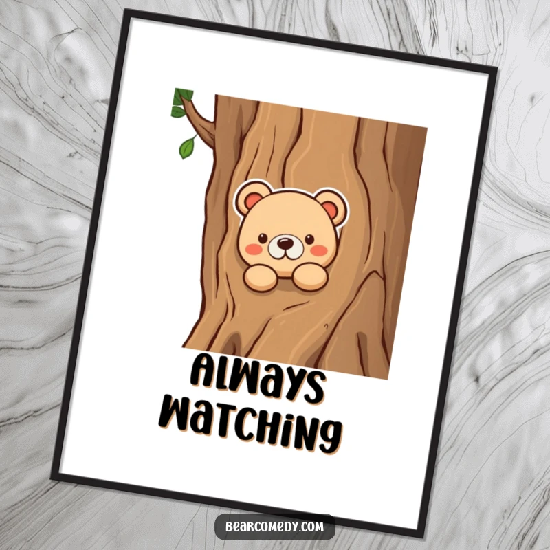 Funny poster art of a bear character curiously peeking from behind a tree trunk, evoking a sense of playful investigation and wonder.