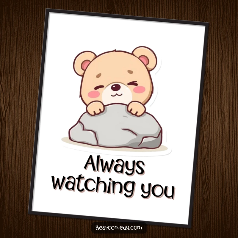 Funny bear character with a mischievous wink peeking from behind a rock on a poster, adding playful intrigue.