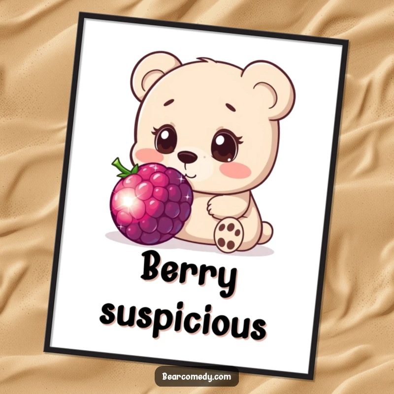 Funny poster print of a bear character innocently sniffing a huge, sparkling berry with wide, curious eyes, evoking a sense of gentle discovery.