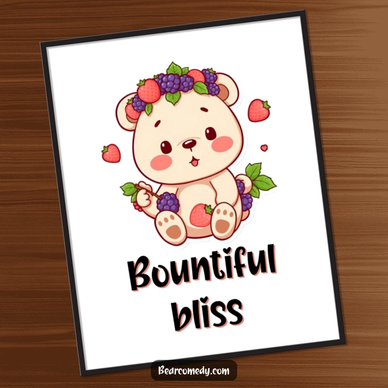 Funny poster art of a bear character wearing a crown of berries, basking in the enjoyment of its sweet, natural harvest.