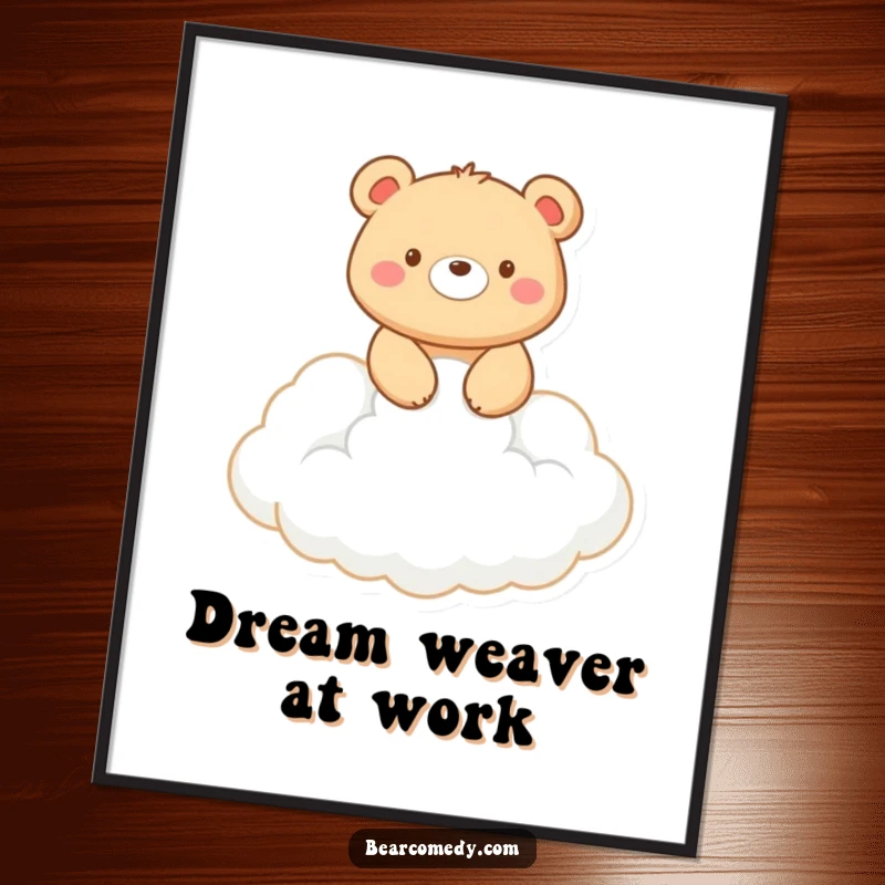 Funny poster art: A happy bear is depicted riding on a soft, white cloud, conveying a sense of wonder and joy.
