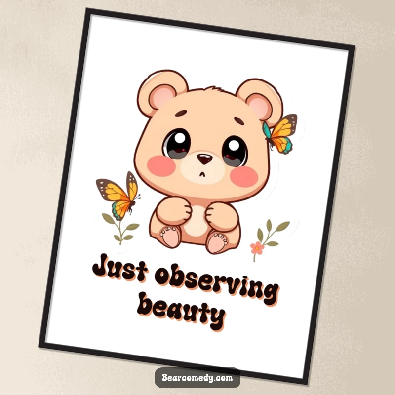 Funny bear character with wide, wondering eyes watching a butterfly on a poster, creating a whimsical scene.