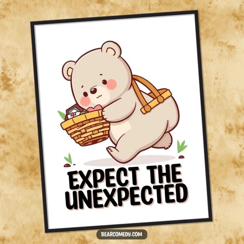 Funny poster depicting a playful bear character comically tripping, struggling with a massive picnic basket.