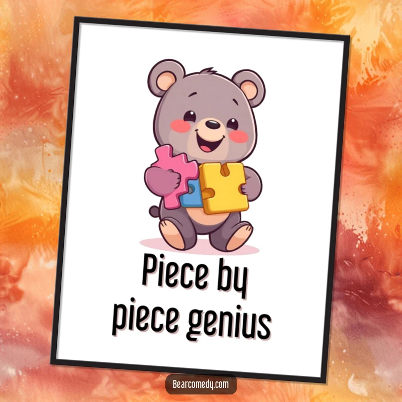 Funny bear poster art of a smiling character balancing a stack of colorful puzzle pieces, symbolizing cleverness and problem-solving.