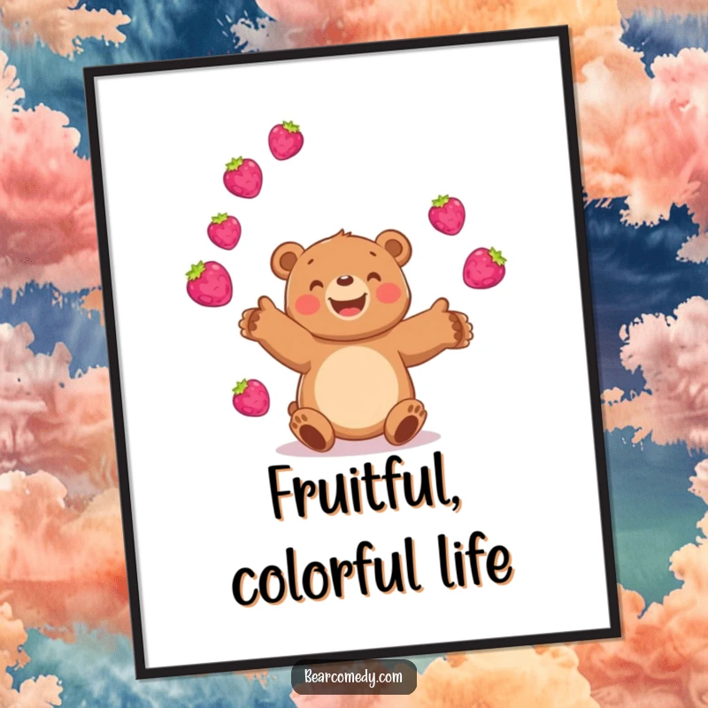 Funny bear poster art of a happy bear juggling several bright, bouncing berries, adding a cheerful and fruity element to decor.