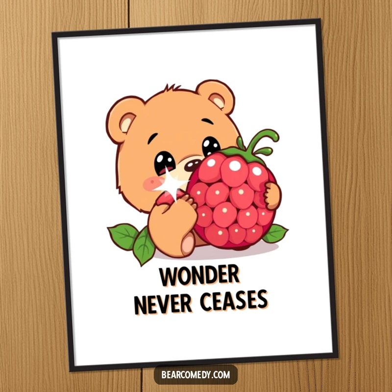 Funny poster art of a bear character with wide, innocent eyes, curiously sniffing a giant, sparkling berry, highlighting gentle fascination.