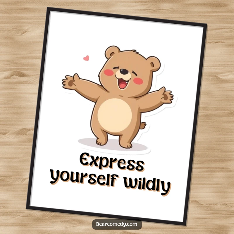 Funny poster art of a bear character wildly dancing with flailing arms, radiating infectious happiness and clumsy charm.