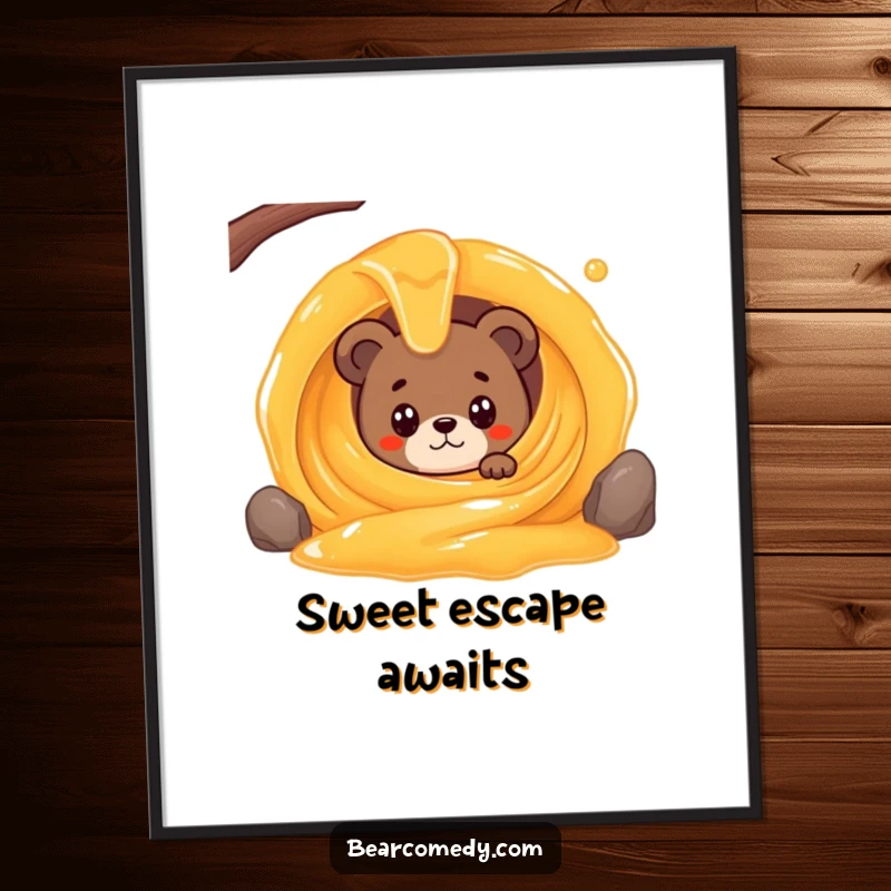 Funny poster featuring a bear character wide-eyed peeking from a giant, swirling honey stream, creating a humorous wall art.
