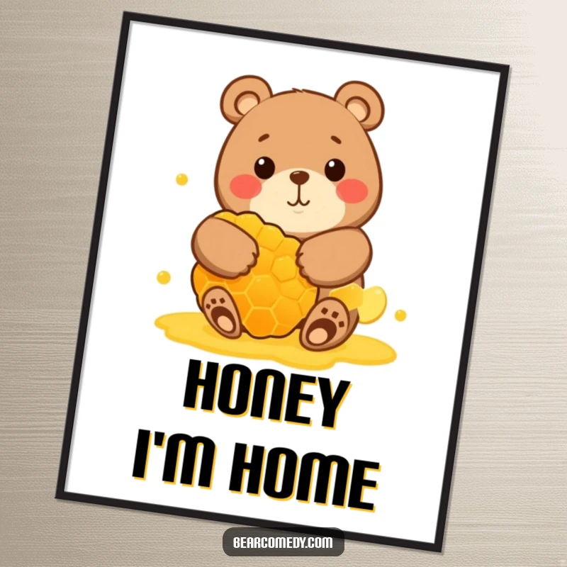 Funny poster of a round bear character with a wide, happy grin, hugging a large honeycomb, radiating pure sweet joy.