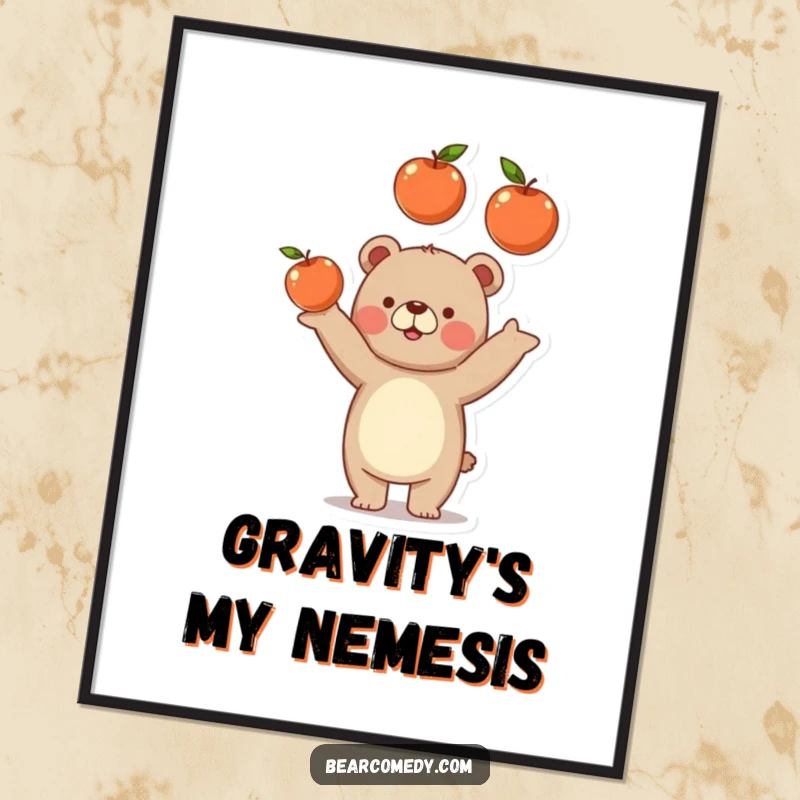 Funny bear poster depicting a bear comically juggling three round, juicy apples, a vibrant and humorous piece of art.