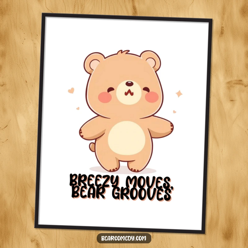 Funny poster art of a bear character performing a cheerful hum and sway dance, celebrating a gentle breeze.