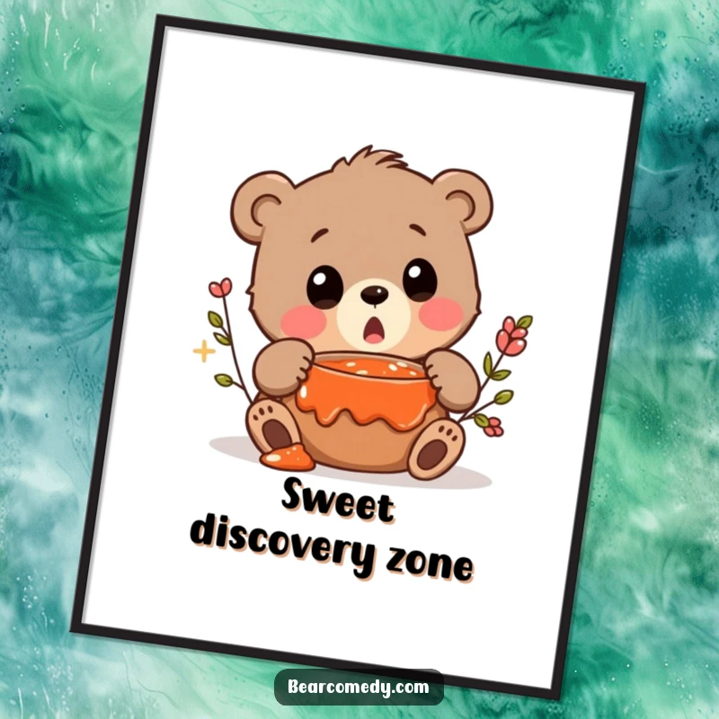 Funny poster art of a bear character letting out a surprised squeak upon discovering a concealed pot of jam.