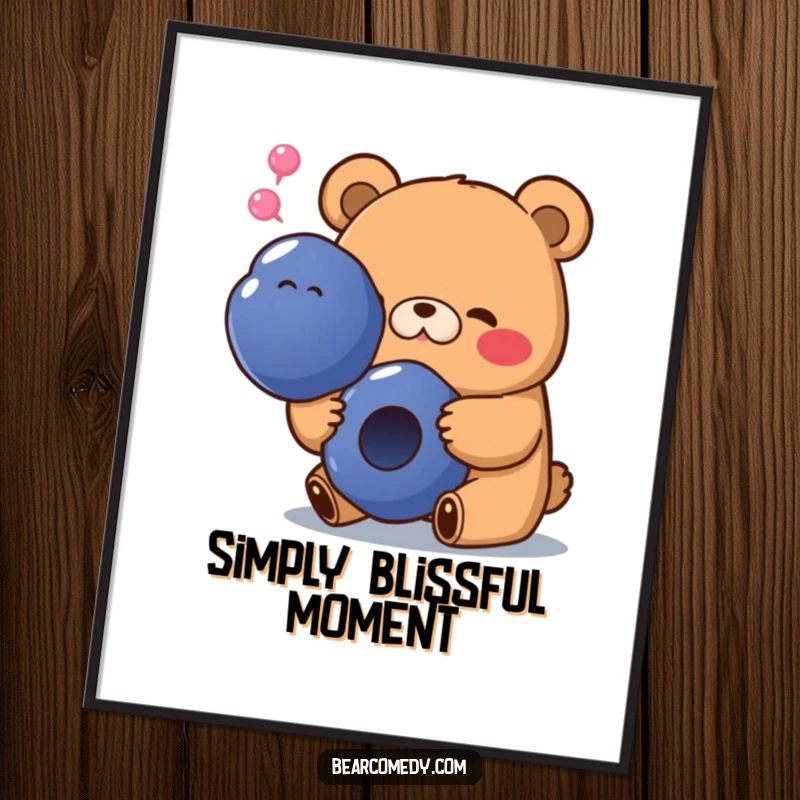Funny poster featuring a bear with a happy sigh, happily munching on a giant blueberry, ideal for a cheerful space.