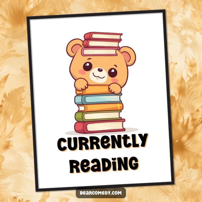 Funny poster art of a bear character peeking with great delight from behind an enormous stack of books, looking curious.