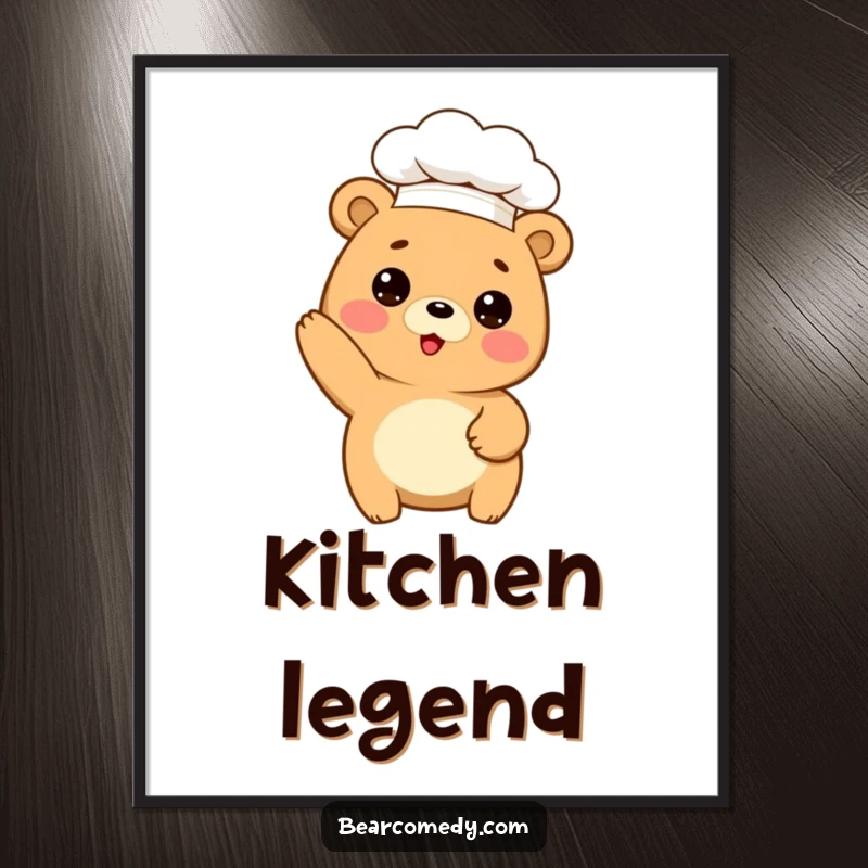 Funny poster of a cute bear wearing a chef hat, striking a silly baking pose, adding humor to any kitchen wall.