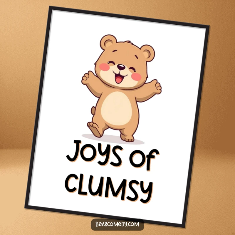 Funny poster art of a bear character joyfully dancing clumsily, with paws stomping, capturing pure ecstatic movement and fun.