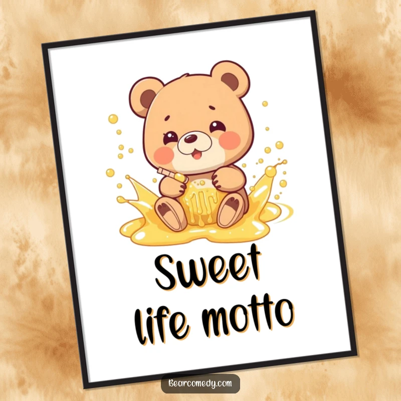 Funny poster art depicting a bear gleefully splashing in a bubbly, golden honey stream, ideal for adding cheer to any room.
