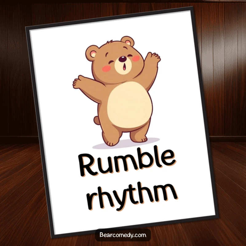 Funny poster showing a bear with a rumbling tummy performing a silly, energetic dance, celebrating the joy of food.