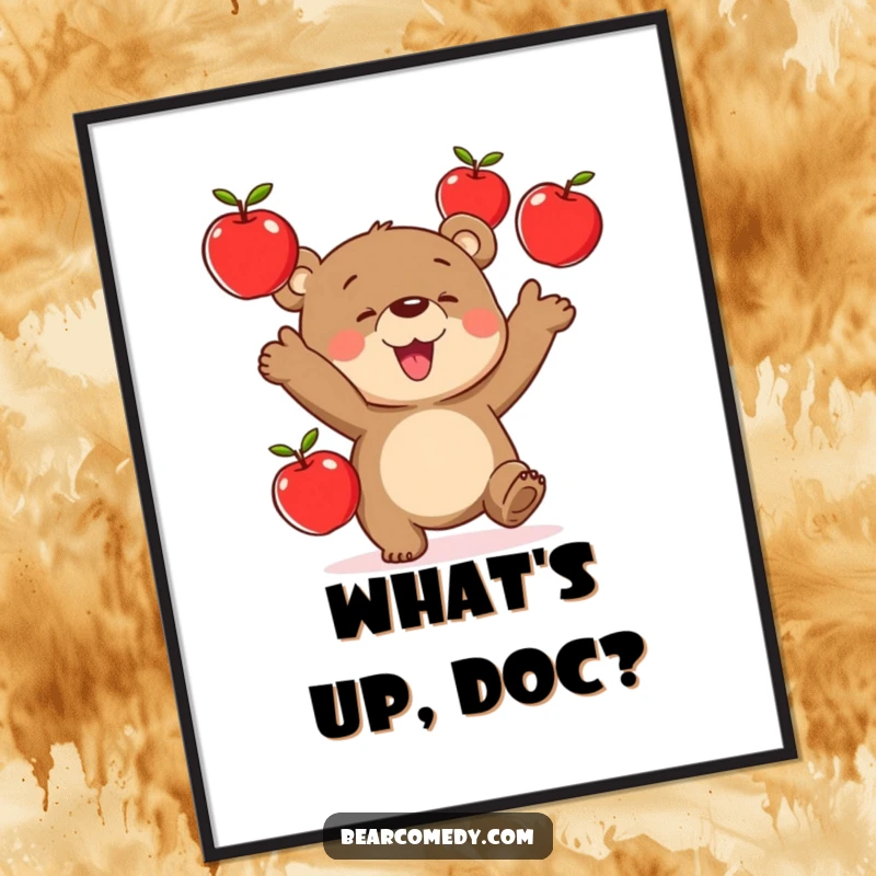 Funny poster art of a bear character performing an impressive juggling act with three bright red apples, full of glee.
