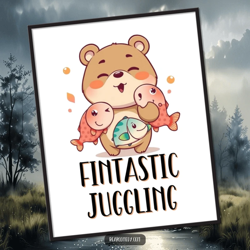 Funny poster print of a mischievous bear charactere winking while juggling oversized, bright fish, ideal for a lively and humorous space.