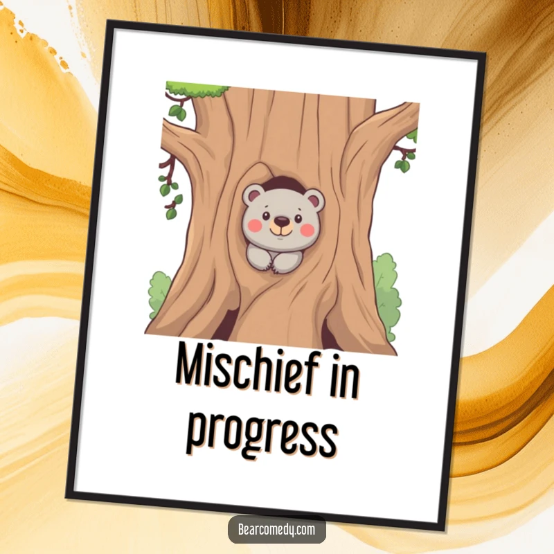 Funny poster featuring a bear peeking from behind a tree with a mischievous expression, perfect for adding playful humor to wall decor.
