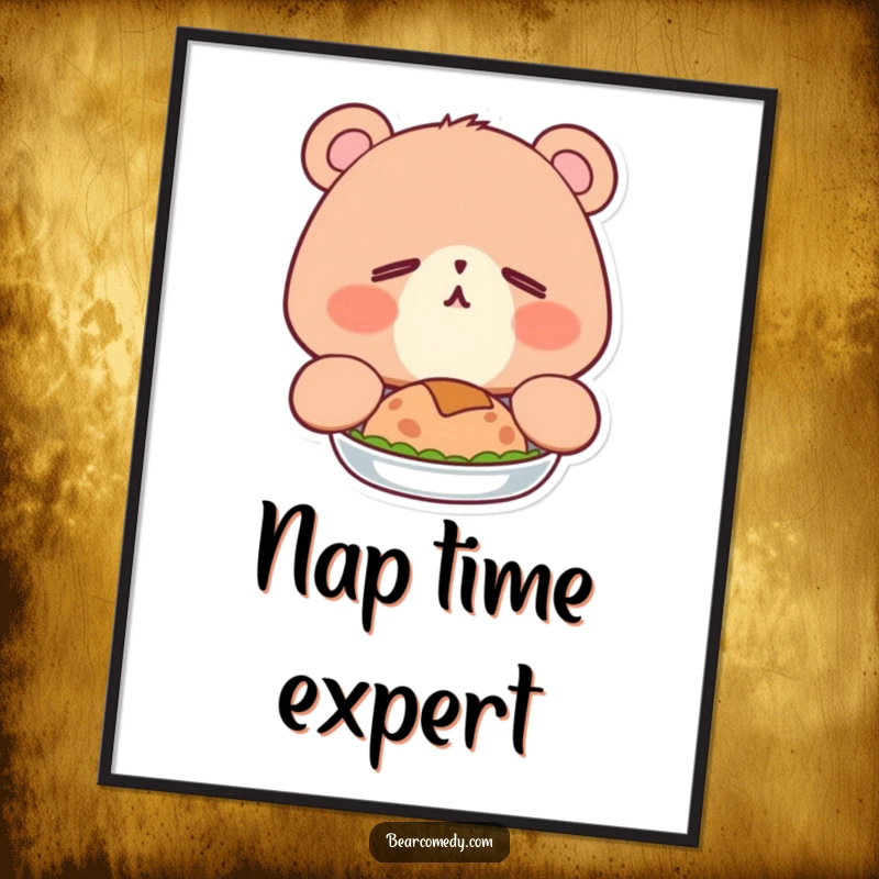 Funny poster showcasing a sleepy bear with happy eyes, adorably yawning after a hearty meal, radiating pure contentment.