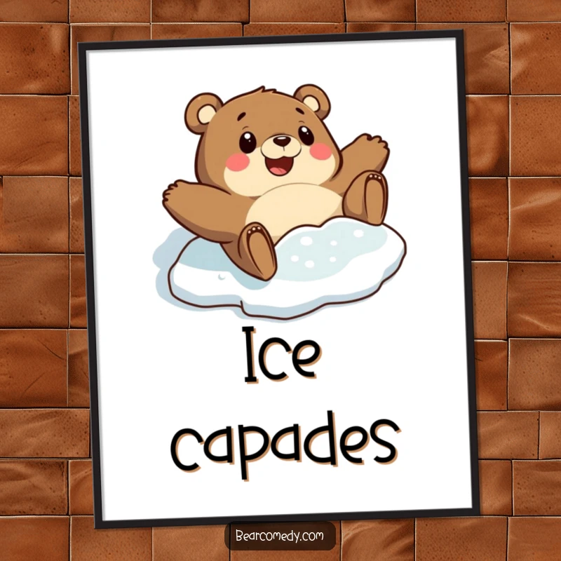 Funny poster print of a bear character comically sliding on a slick, icy patch with an expression of surprised and utter delight.