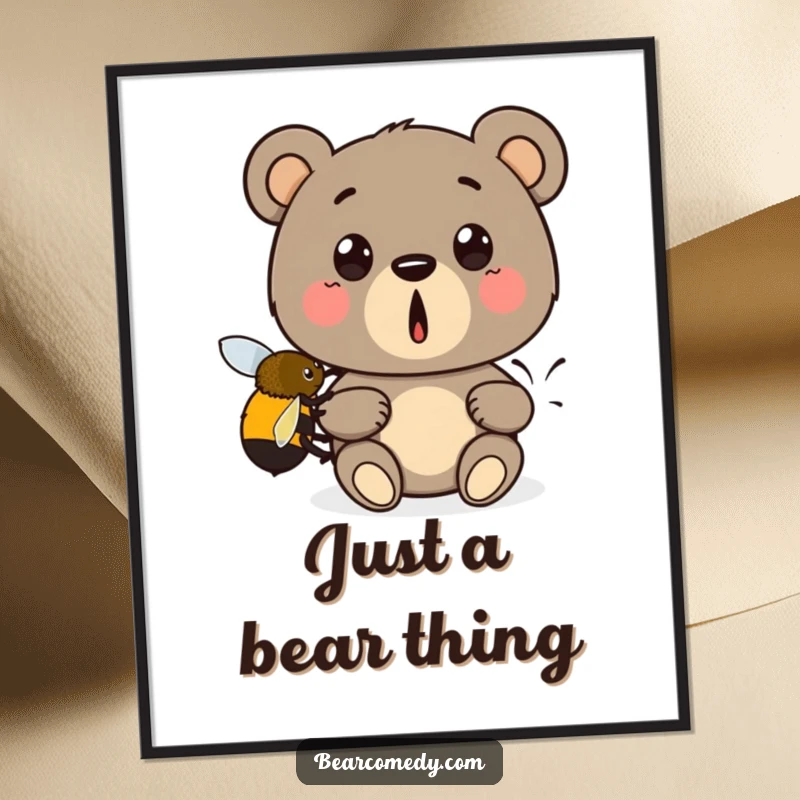 Funny poster art: A cartoon bear with an amazed expression is being lifted by a bumblebee, conveying pure, comical surprise.