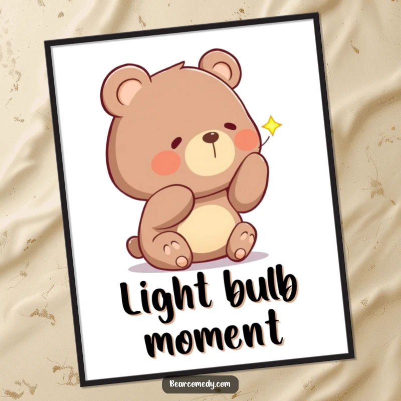 Funny poster of a bear with a curious head tilt, examining a glowing firefly, symbolizing nighttime wonder and discovery.