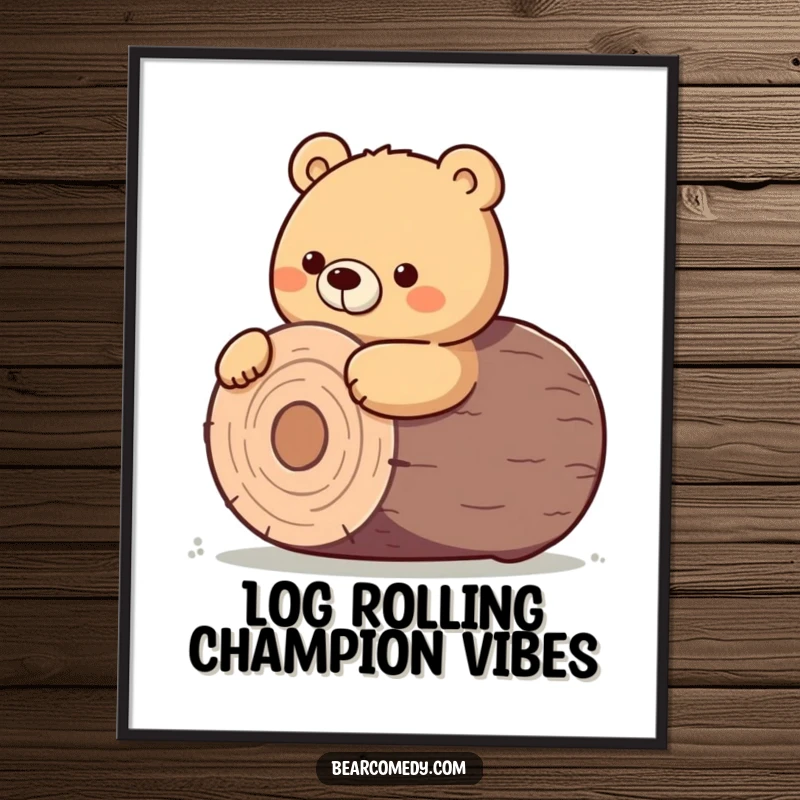 Funny poster art of a bear character persistently nudging a massive, round log as it rolls.