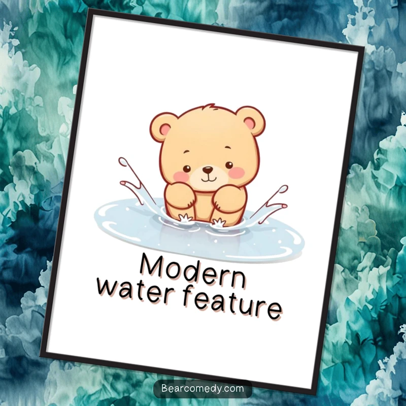 Funny Poster depicting a bear animal joyfully splashing in a small, clear puddle, adding a whimsical and humorous touch to wall decor.