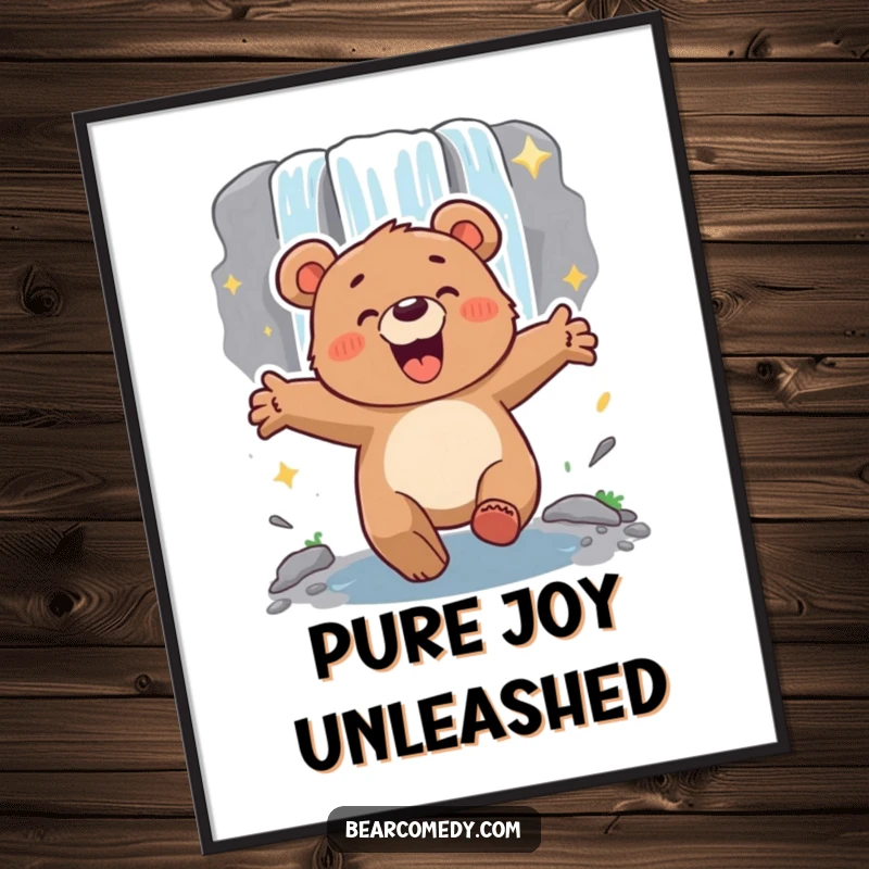Funny energetic bear with arms outstretched, lumbering excitedly towards a sparkling waterfall, a vibrant poster for wall decor.