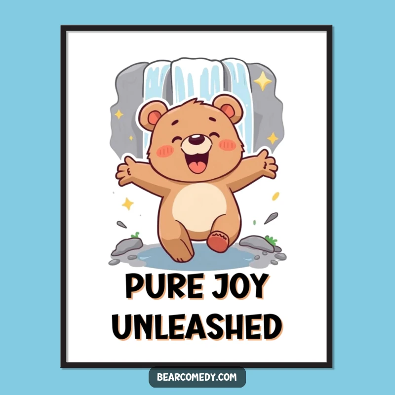 Funny Energetic Bear Waterfall Poster - Dynamic Adventure Art, Funny Gift