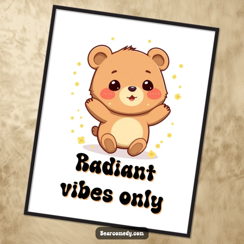 Funny poster showing a gleeful bear character spinning with delight, covered in a magical shower of sparkling pollen.