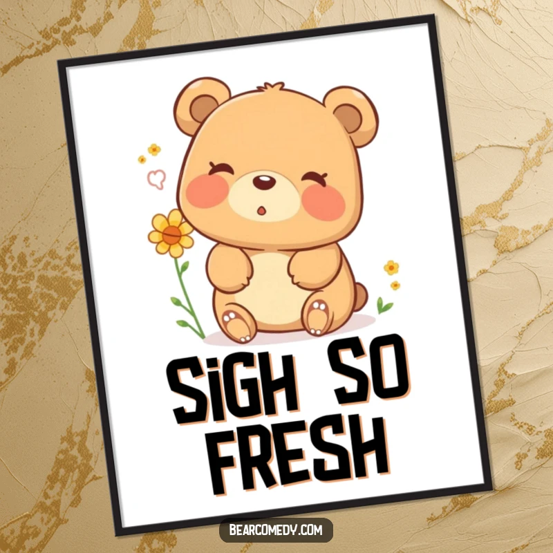 Funny poster art of a happy bear character exhaling a gentle cloud of pollen with a peaceful, happy sigh, perfect for adding humor to decor.