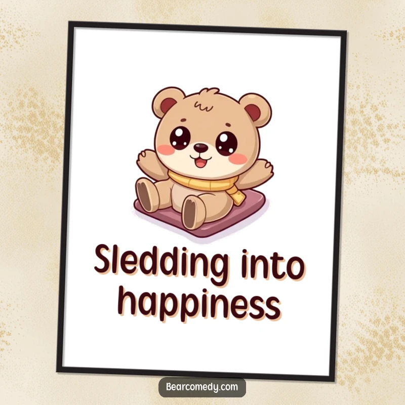 Funny bear poster art of a cartoony bear with big eyes joyfully sliding down a snowy hill, capturing the essence of winter fun.