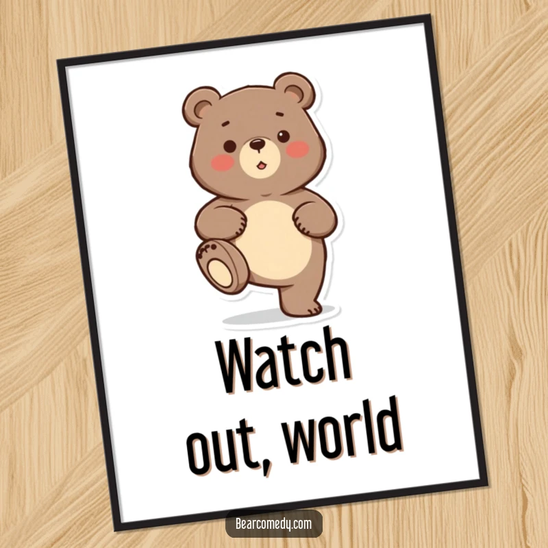 Funny bear character doing a playful stomp on a wall poster, adding a touch of humor and energy.