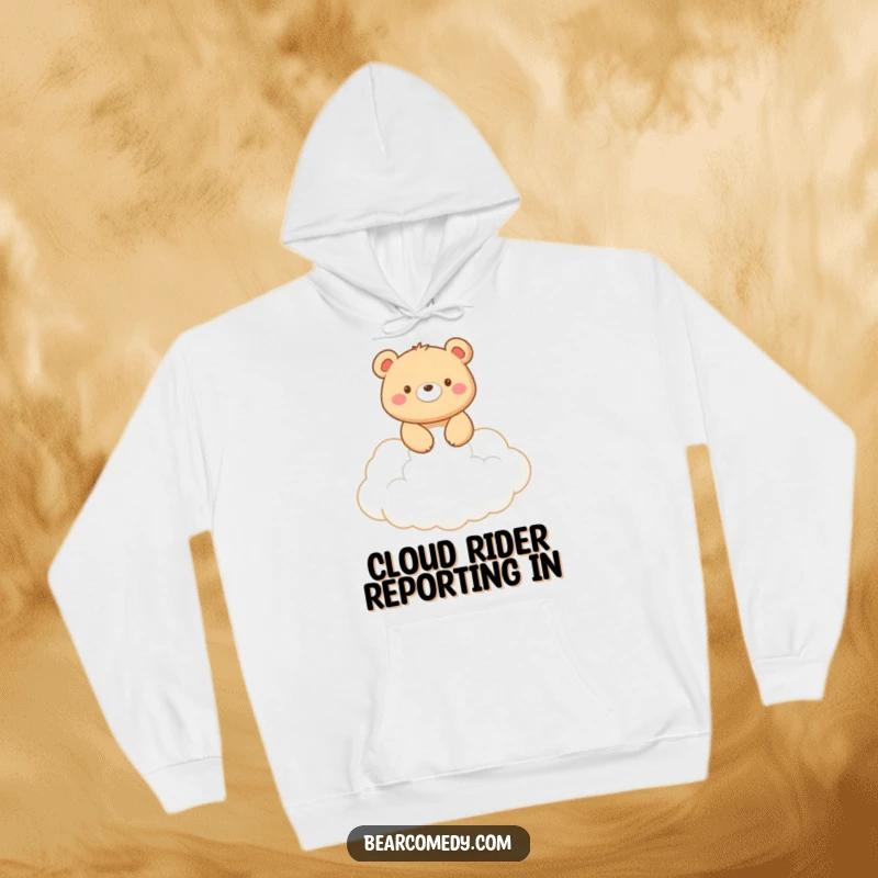 Funny hoodie design: A smiling bear rides a fluffy white cloud, creating a sense of peace and playful adventure.