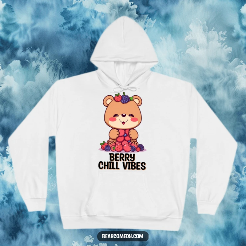 Funny hoodie showcasing a bear with a goofy smile trying to balance an overloaded stack of berries, a symbol of adorable struggle.