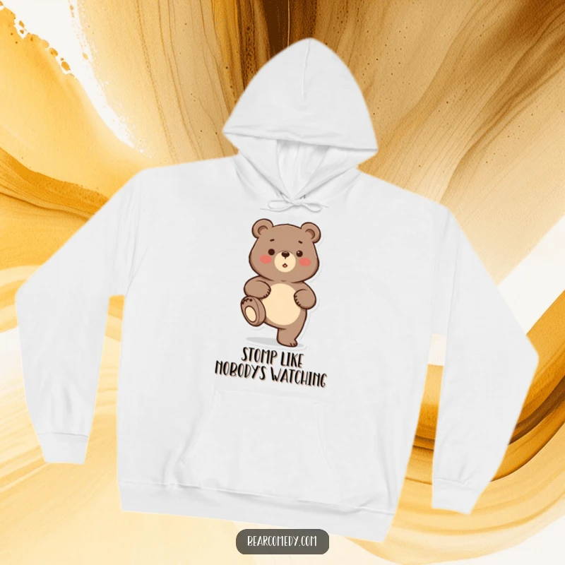 Funny bear character playfully stomping its foot on a cozy hoodie, perfect for chilly days and laughs.