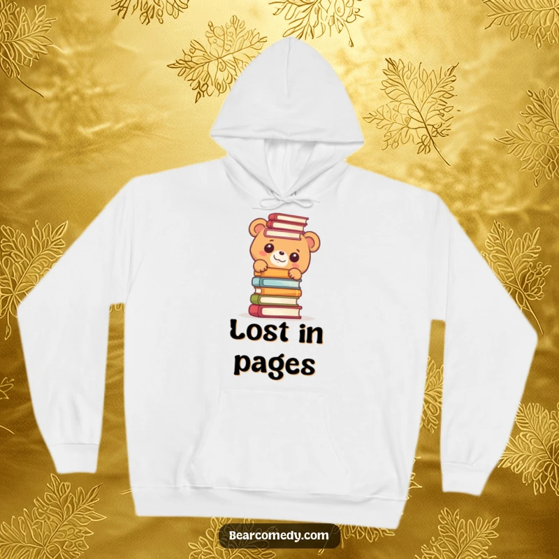 Funny hoodie illustration of a bear character peeking with immense delight from behind a massive pile of books.