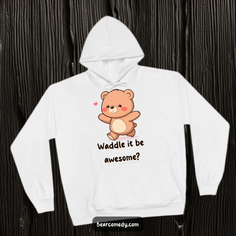 Funny bear character with a delighted waddle ambling along on a cozy hoodie, for warm happiness.